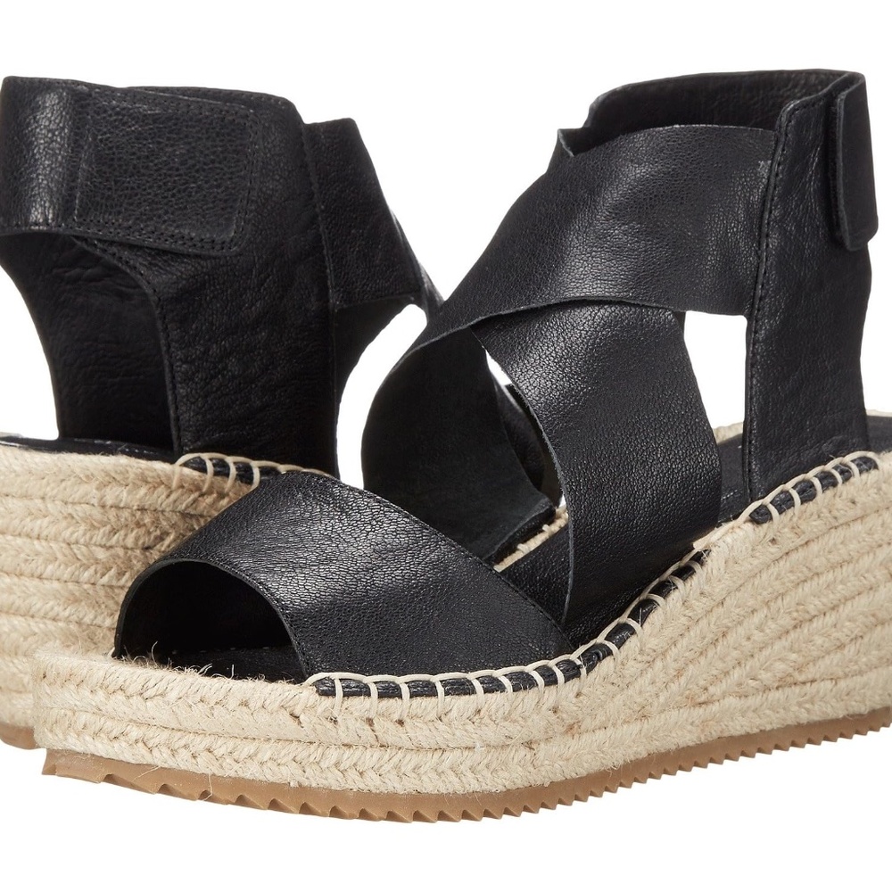 Eileen Fisher Black Leather Espadrille Platform Wedge Sandals